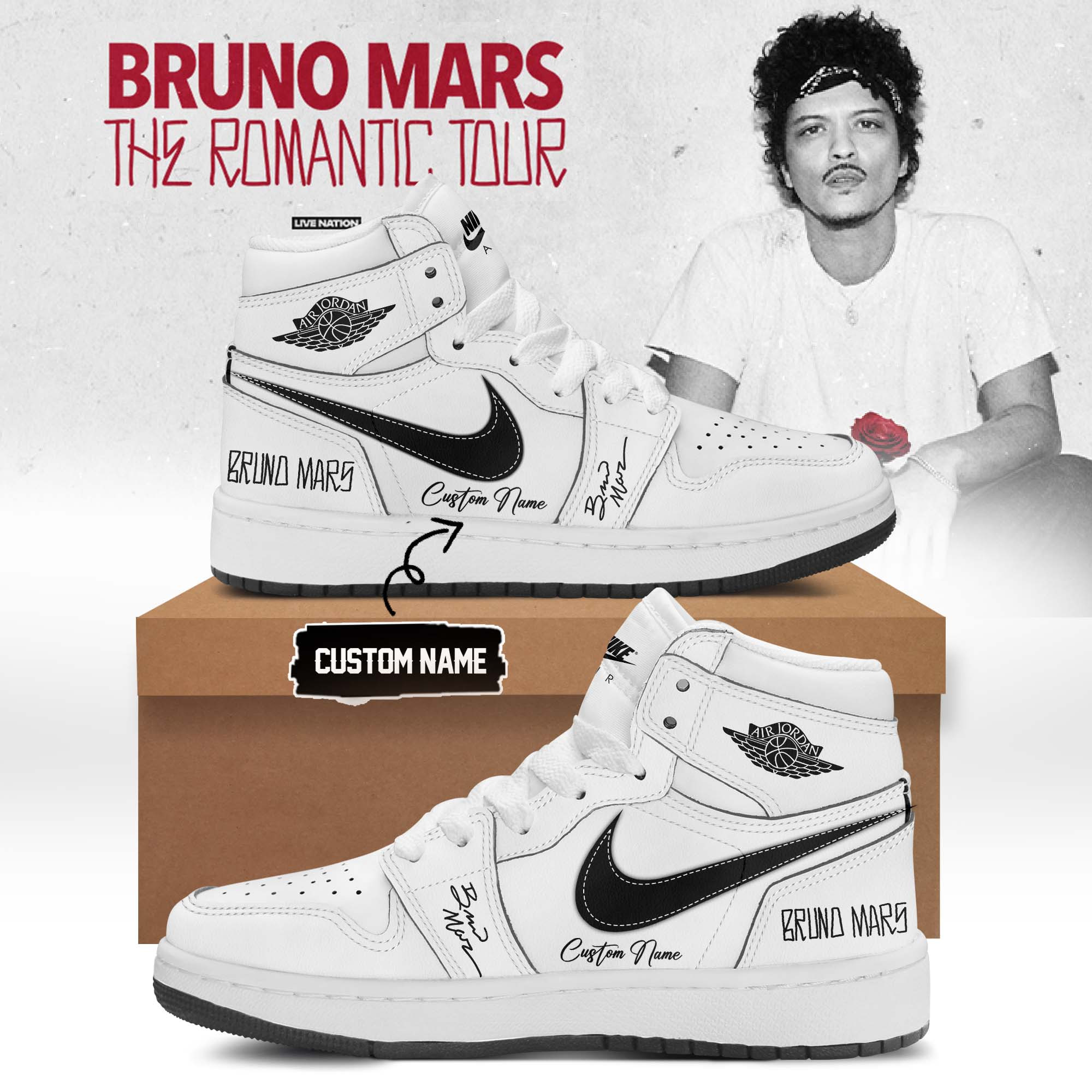 Custom Bruno Mars Hello Kitty Japan Air Jordan 1 Sneakers Bruno Mars Tour Merch Gift For Her