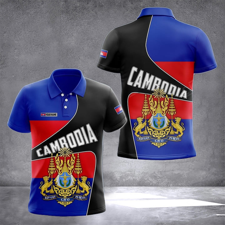 Custom Cambodia Coat Of Arms Flag Polo Shirt Cambodian Men's Clothing Gifts For Cambodian