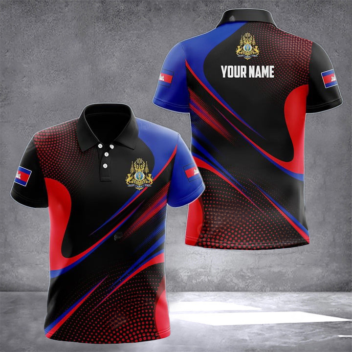 Custom Cambodia Coat Of Arms Sport Dot Pattern Polo Shirt Cambodian Men's Clothing