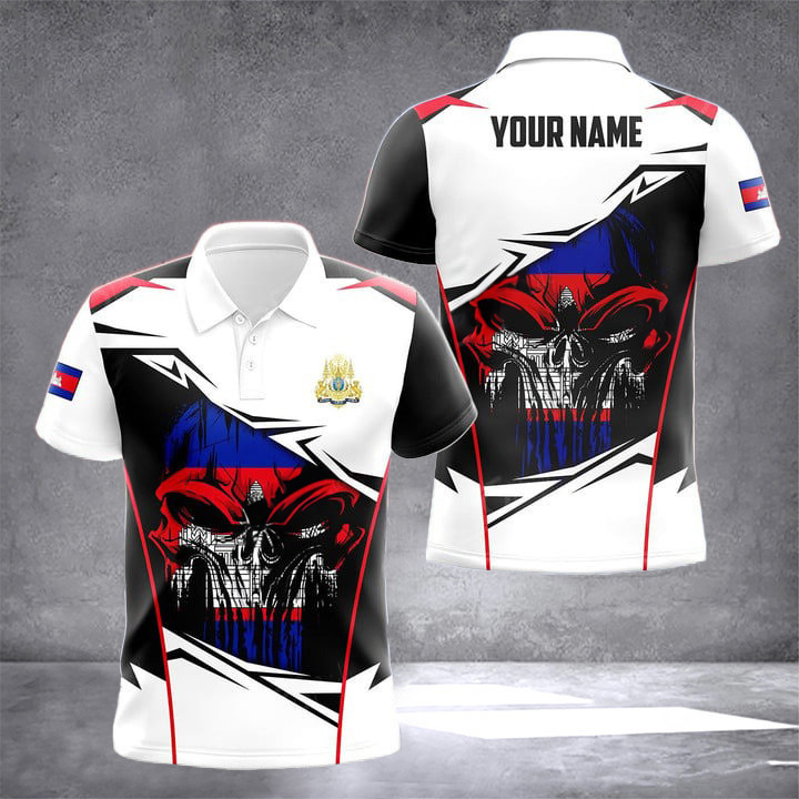 Custom Cambodia Flag Skull Polo Shirt Patriotic Cambodia Clothing Gifts For Cambodian