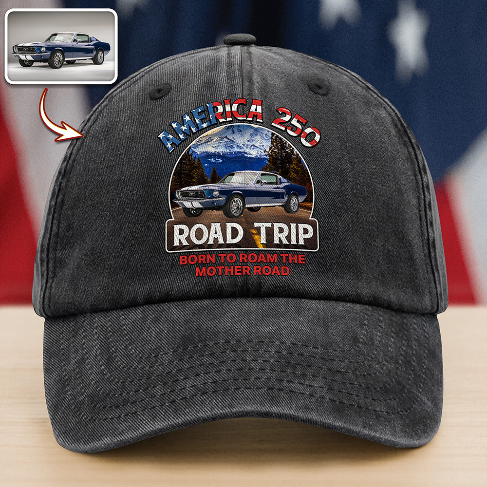 Custom Car Photo America 250 Route 66 Road Trip Personalized Washed Denim Baseball Cap America 250 Merchandise Patriotic Mothers Day Gifts