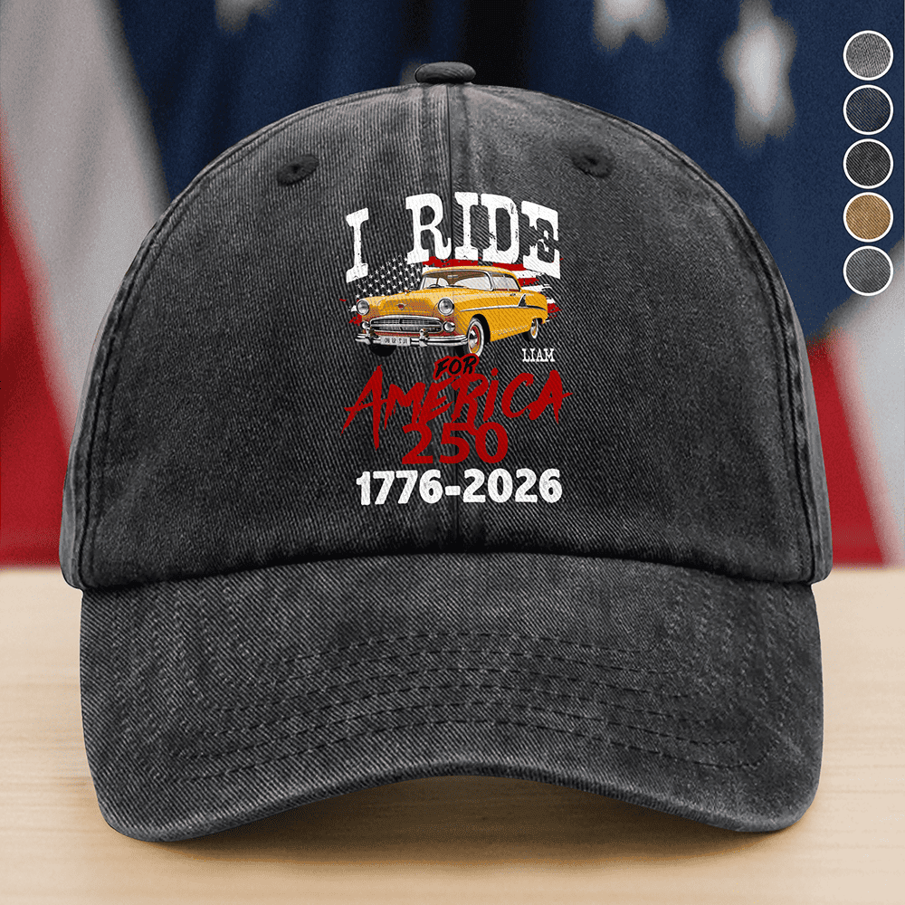 Custom Car Photo I Ride For America 250 Washed Denim Baseball Cap America 250 Merchandise Patriotic Gifts For Men