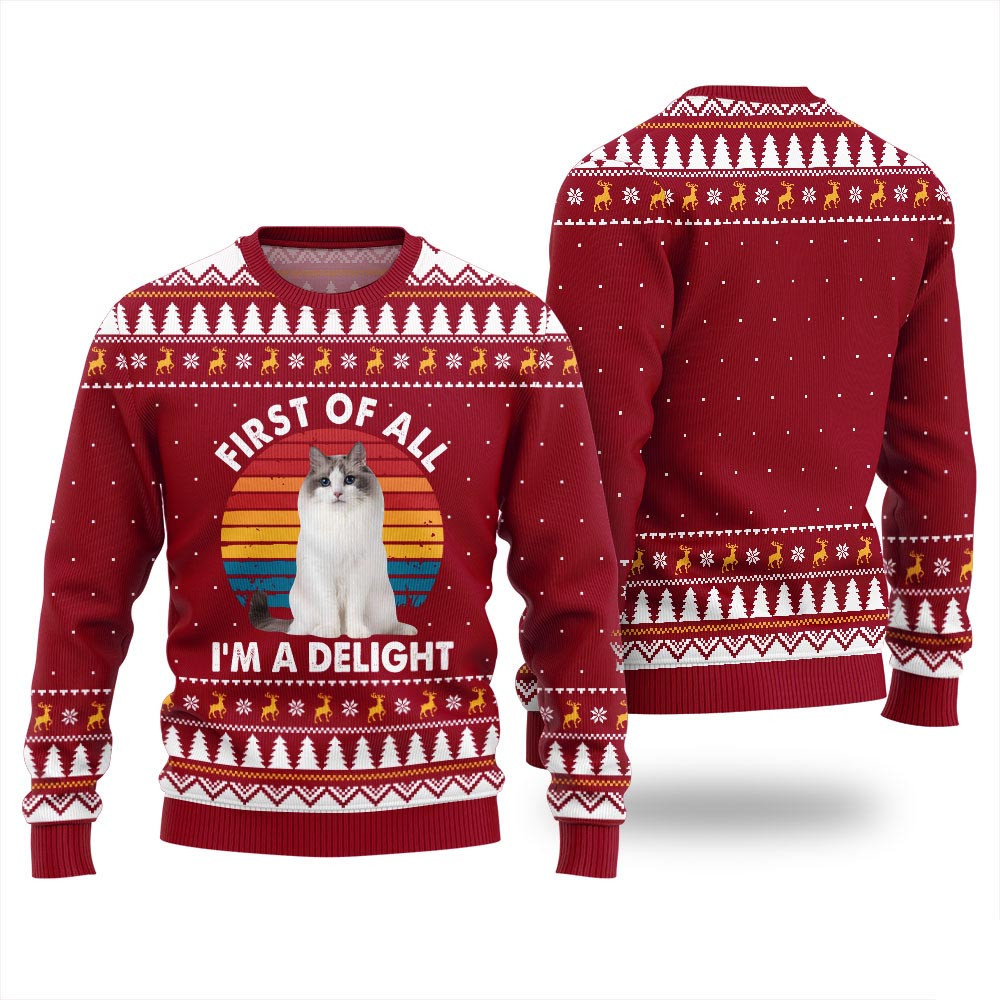 Custom Cat Photo Ugly Sweater First Of All Im A Delight Christmas Vacation Sweater