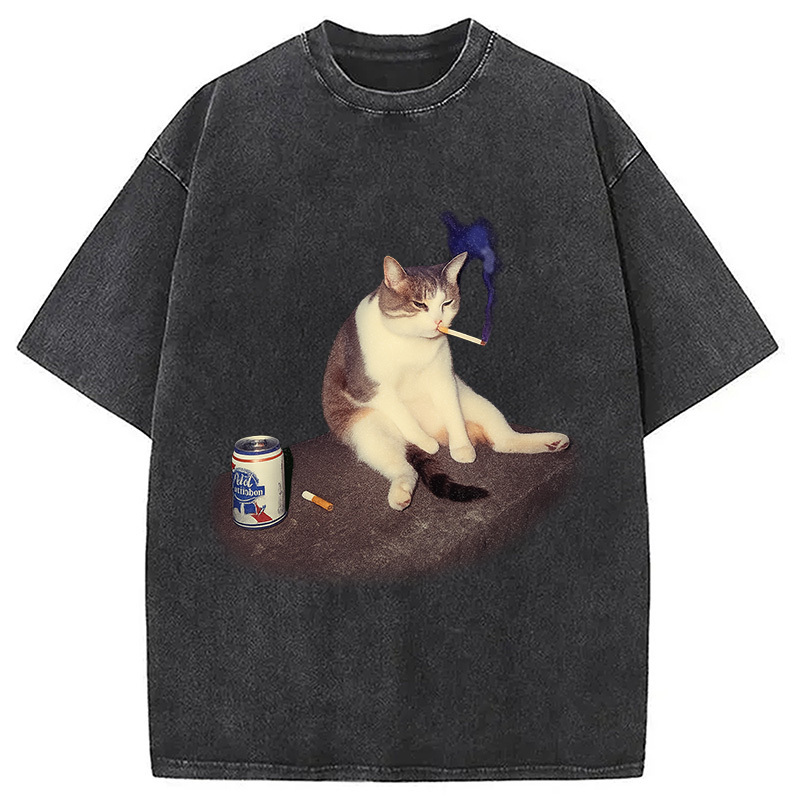 Custom Cat Smoking Meme Washed T-Shirt Everyday Comfort Graphic Shirt Gifts For Besties