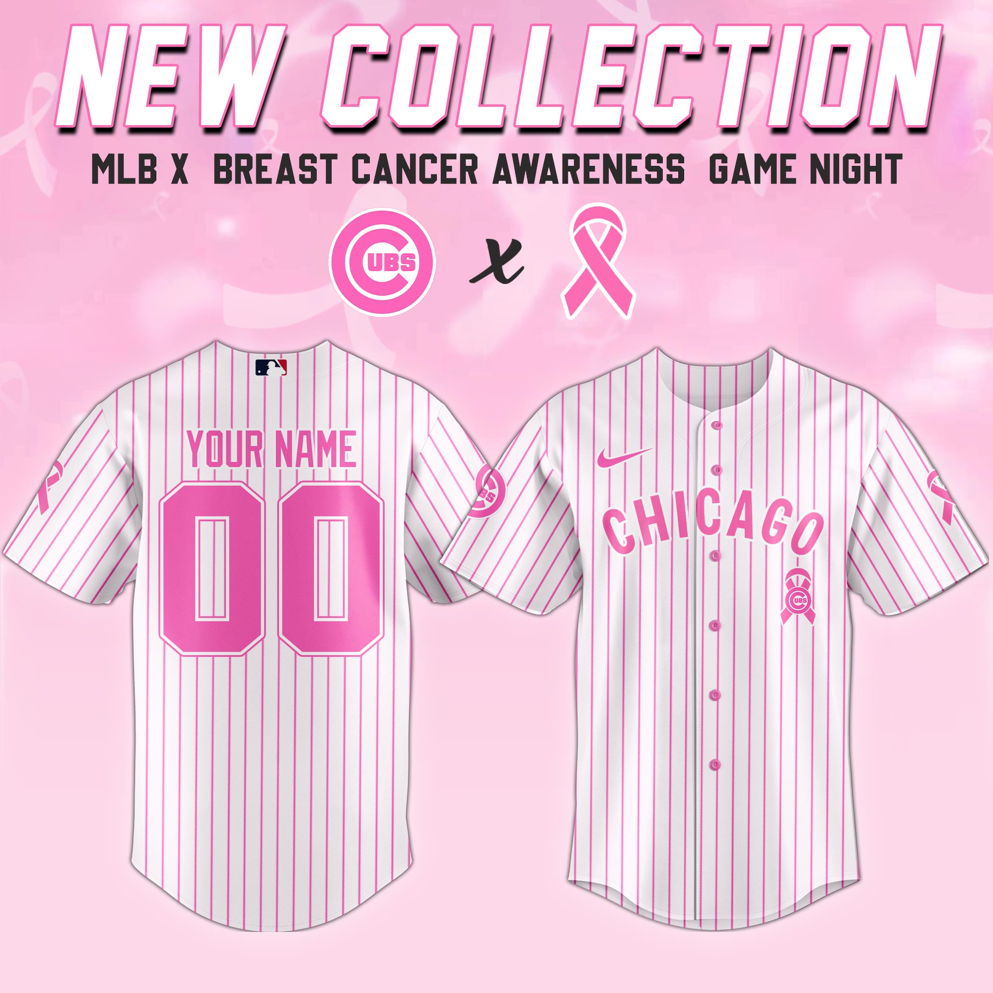 Custom Chicago Cubs x Breast Cancer Awareness Game Night Jersey Baseball Father's Day Gifts