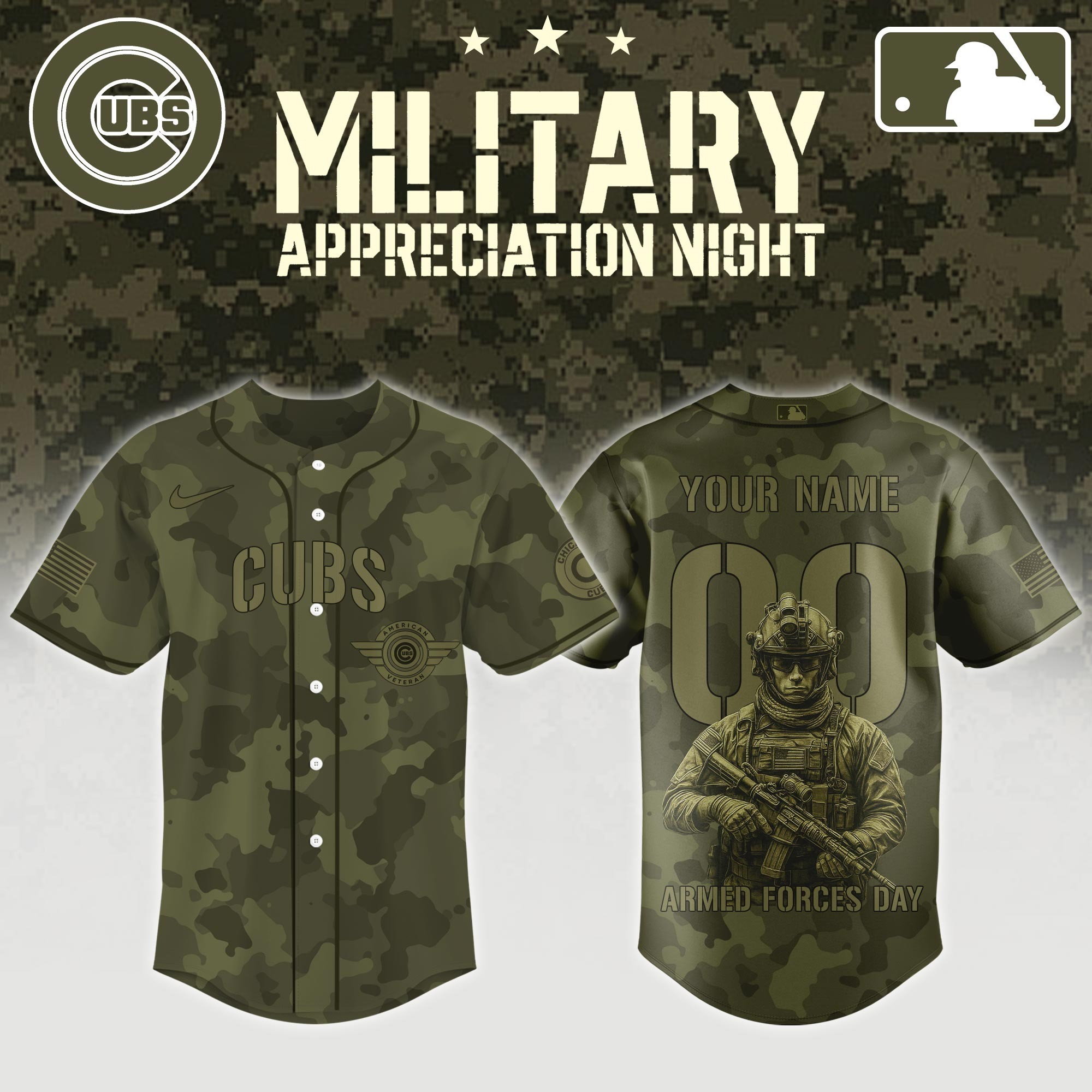 Custom Chicago Cubs x MLB 2025 Armed Forces Day Night Jersey Baseball Enthusiast Gifts