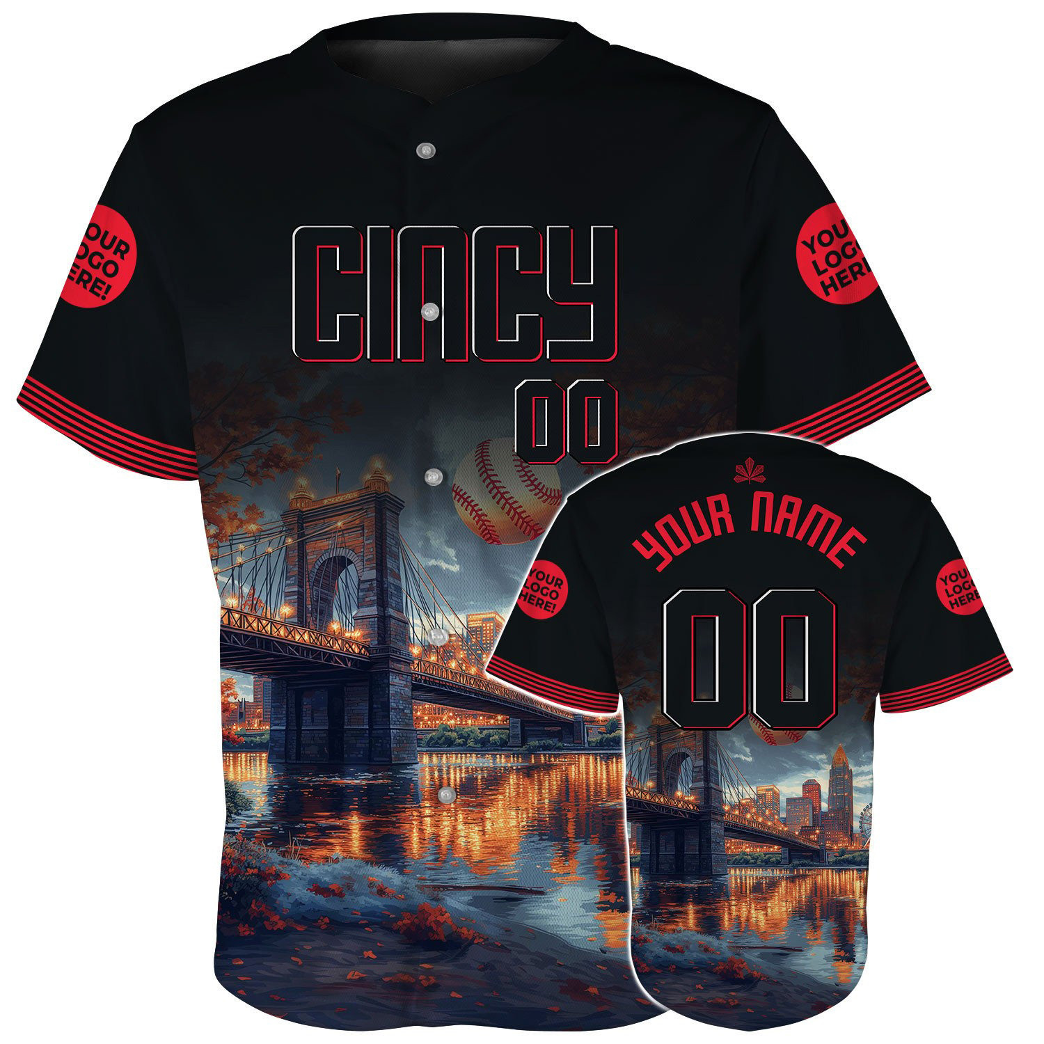 Custom Cincinnati Roebling Suspension Bridge Skyline Baseball Jerseys Presents For Baseball Fans