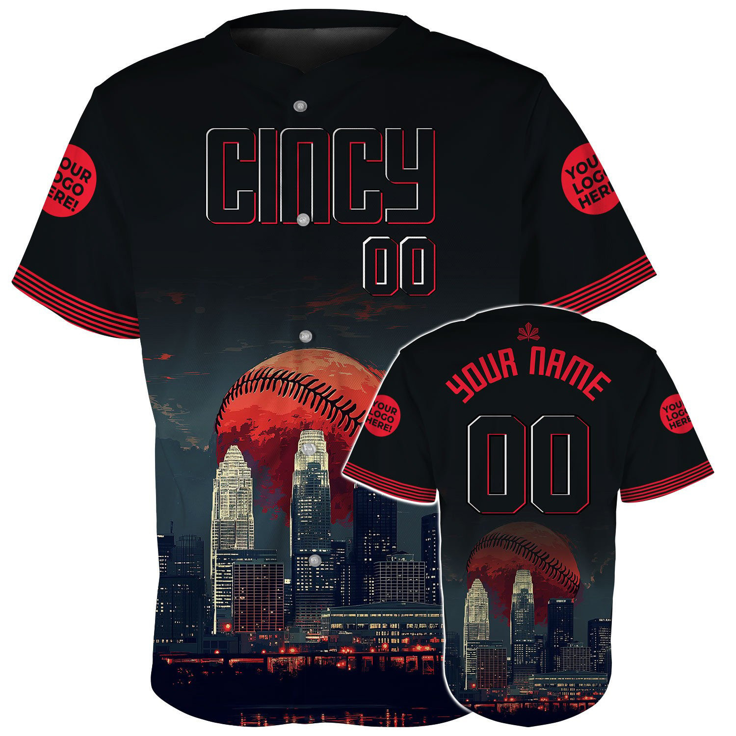Custom Cincinnati Skyline And Baseball Moon Baseball Jerseys Gifts For Fans