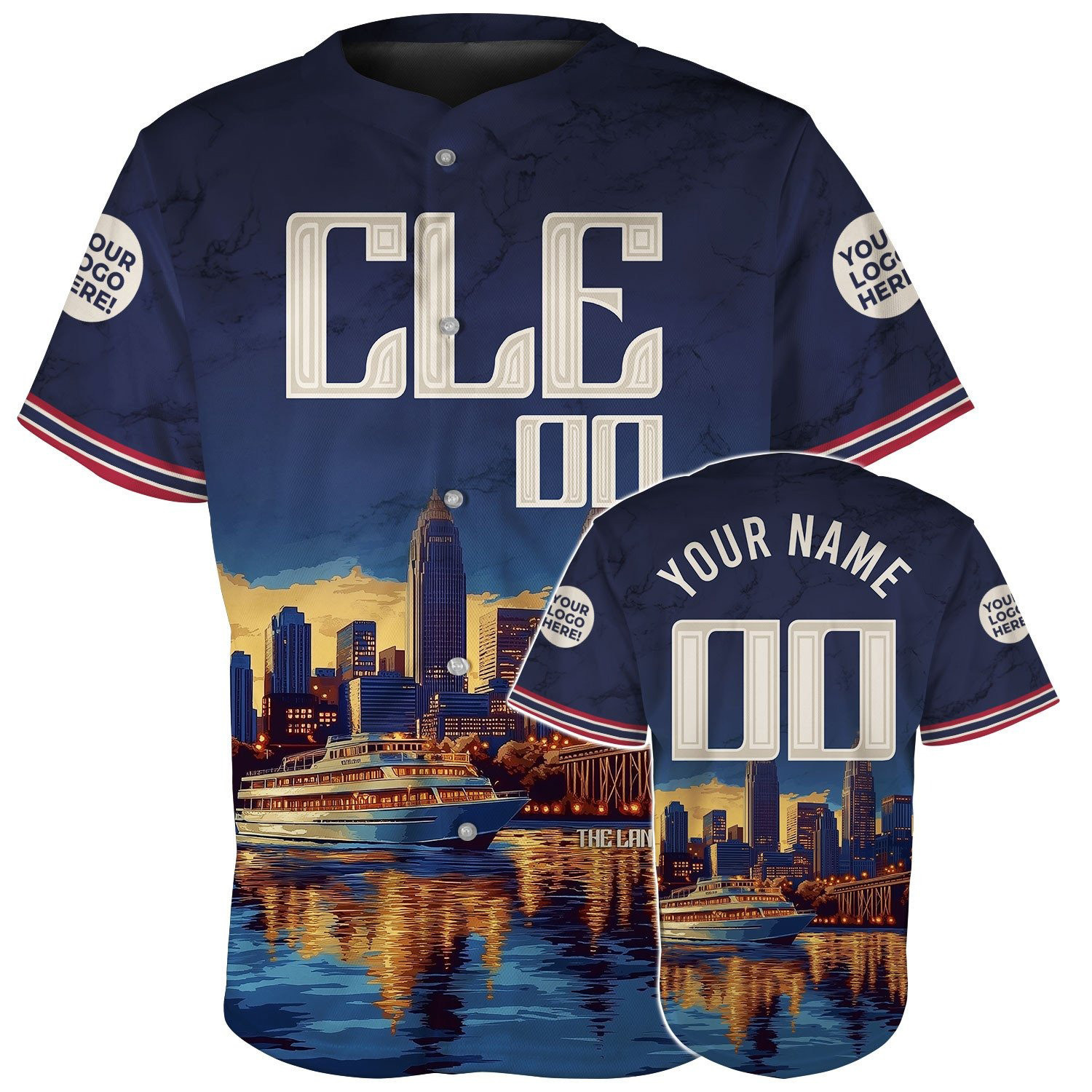 Custom Cleveland Skyline Cuyahoga River at Night Baseball Jerseys Gift For Husband