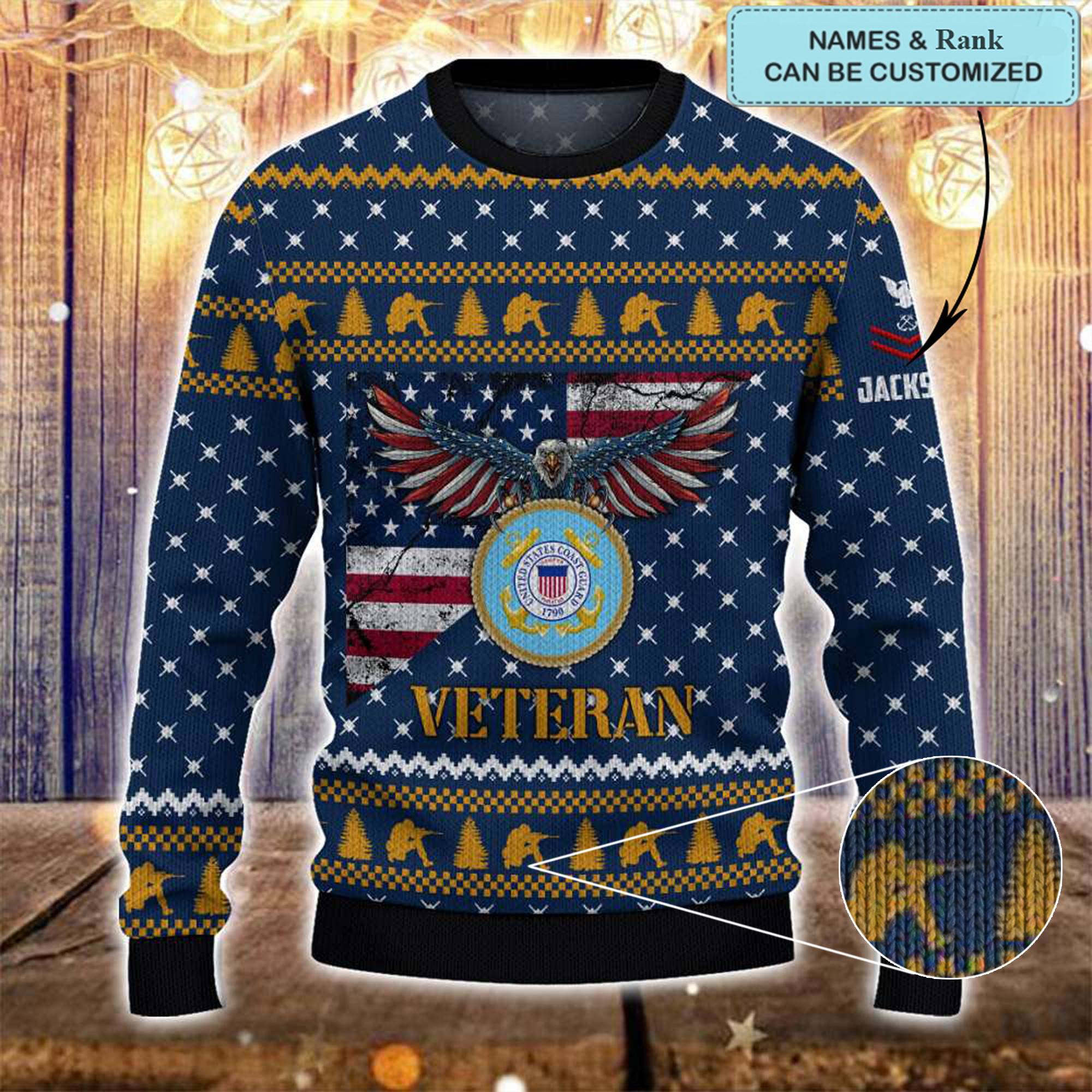Custom Coast Guard Veteran Ugly Christmas Sweater Eagle American Flag USCG Veteran Gifts