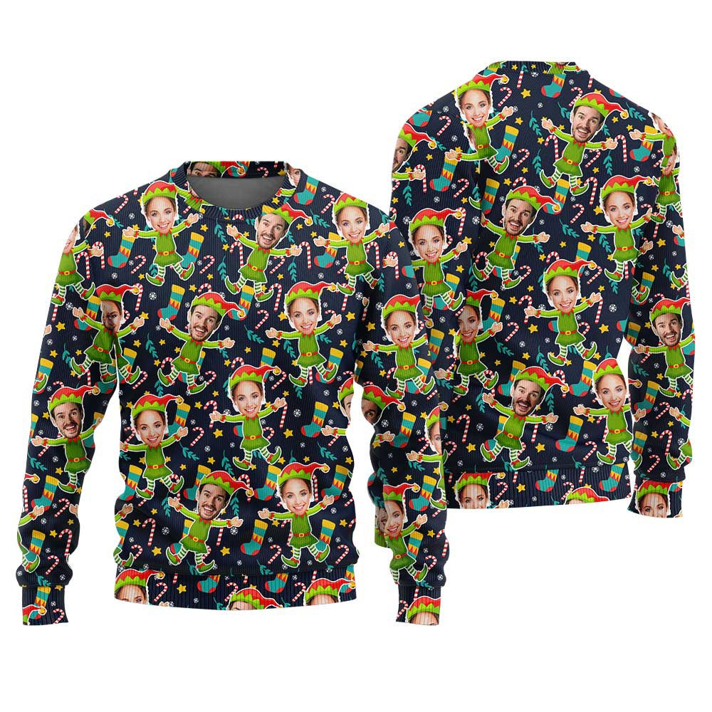 Custom Couple Elf Ugly Sweater Navy Christmas Vacation Sweater