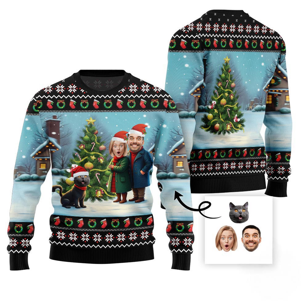 Custom Couple Faces And Pet Funny Christmas Sweater Best Ugly Christmas Sweaters