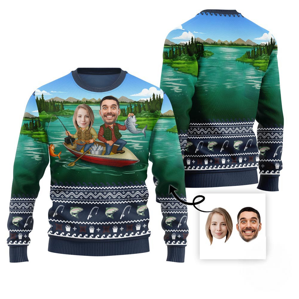 Custom Couple Faces Fishing Ugly Christmas Sweater Ugly Christmas Sweaters For Sale