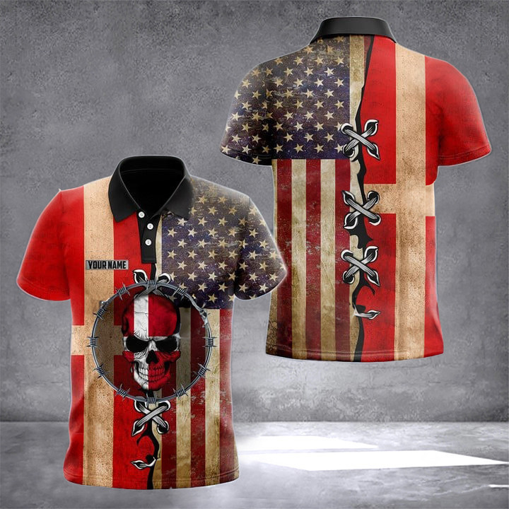 Custom Denmark American Flag Skull Polo Shirt Danish Americans Vintage Apparel Gifts For Danish
