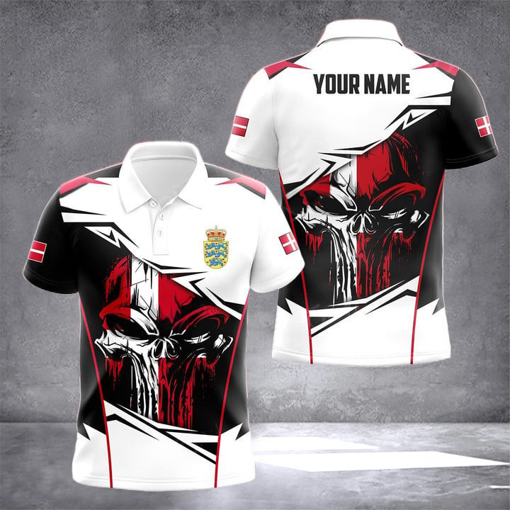 Custom Denmark Flag Skull Polo Shirt Danish Clothes Online Gifts For Danish Men