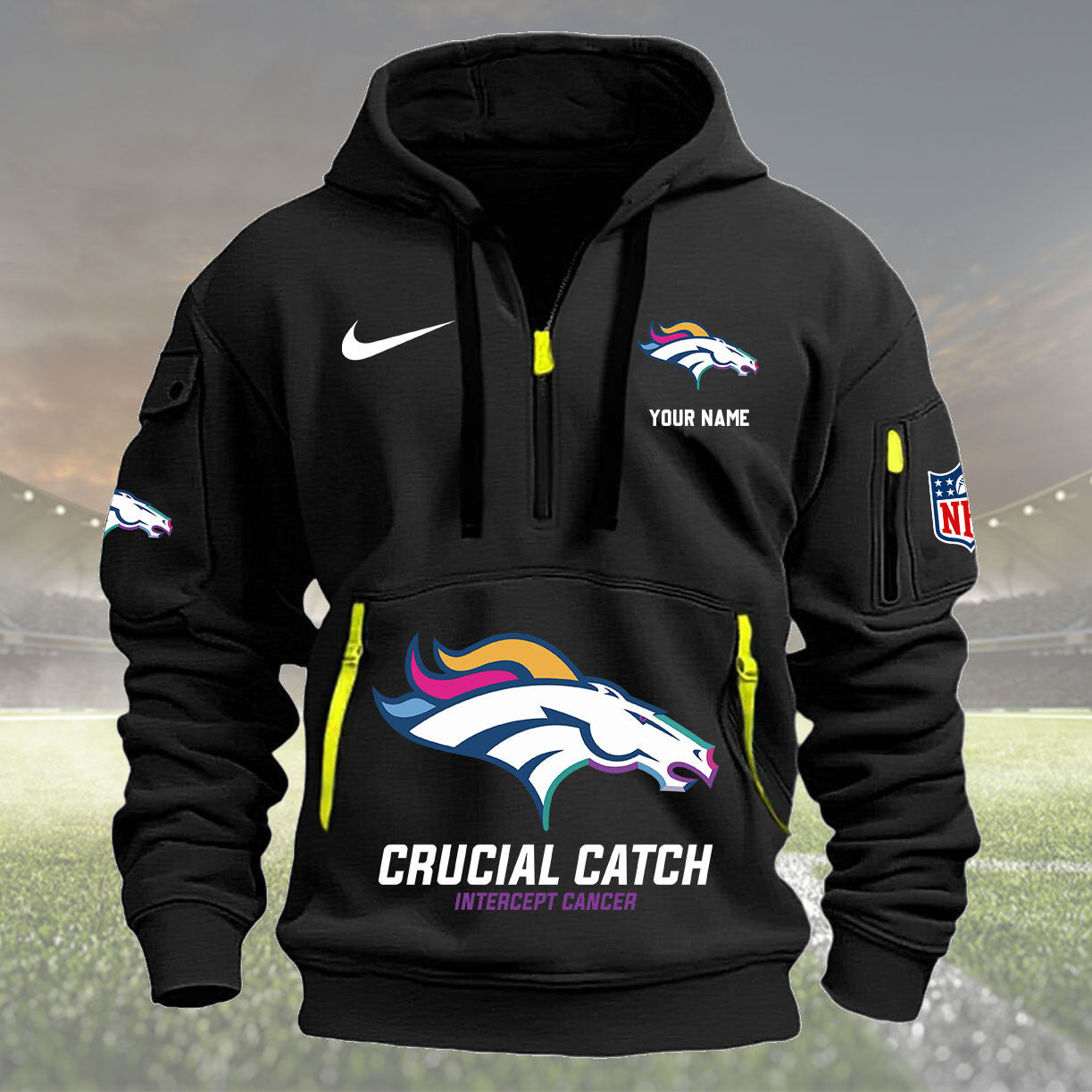 Custom Denver Broncos 2024 Crucial Catch Zip Hoodie Gifts For Football Fan