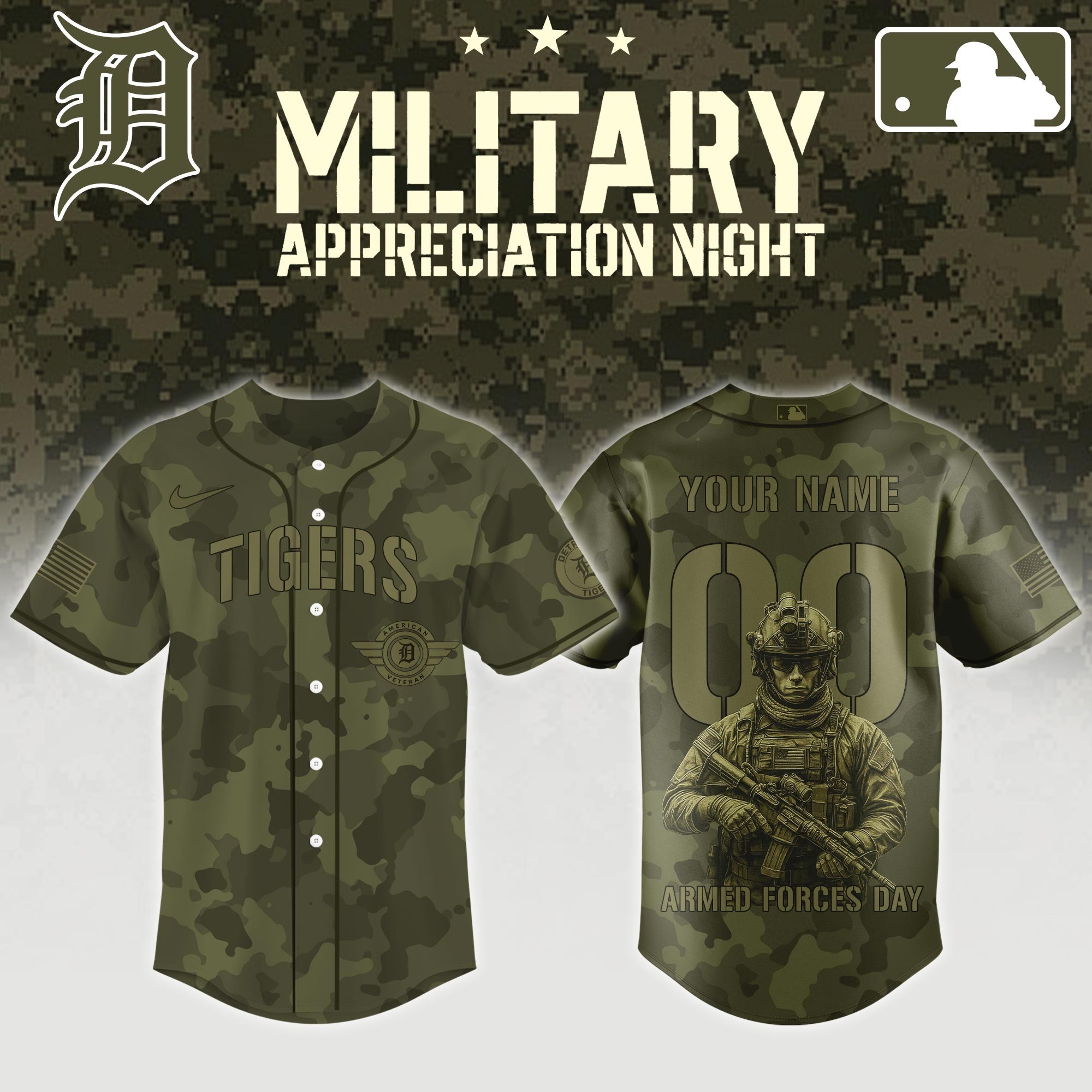 Custom Detroit Tigers x MLB 2025 Armed Forces Day Night Jersey Best Gifts For Baseball Lovers