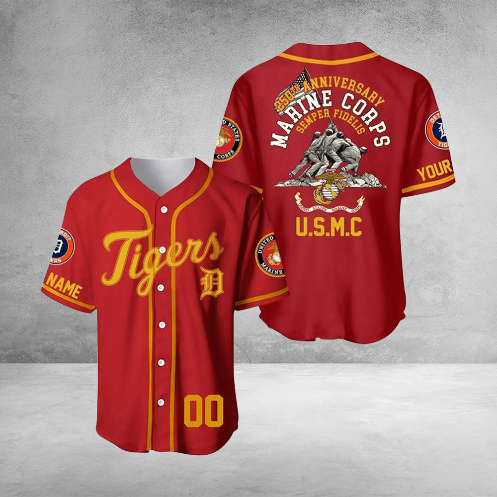 Custom Detroit Tigers x U.S. Marine Corps 250Th Anniversary Jersey USMC Veteran Fan Gifts