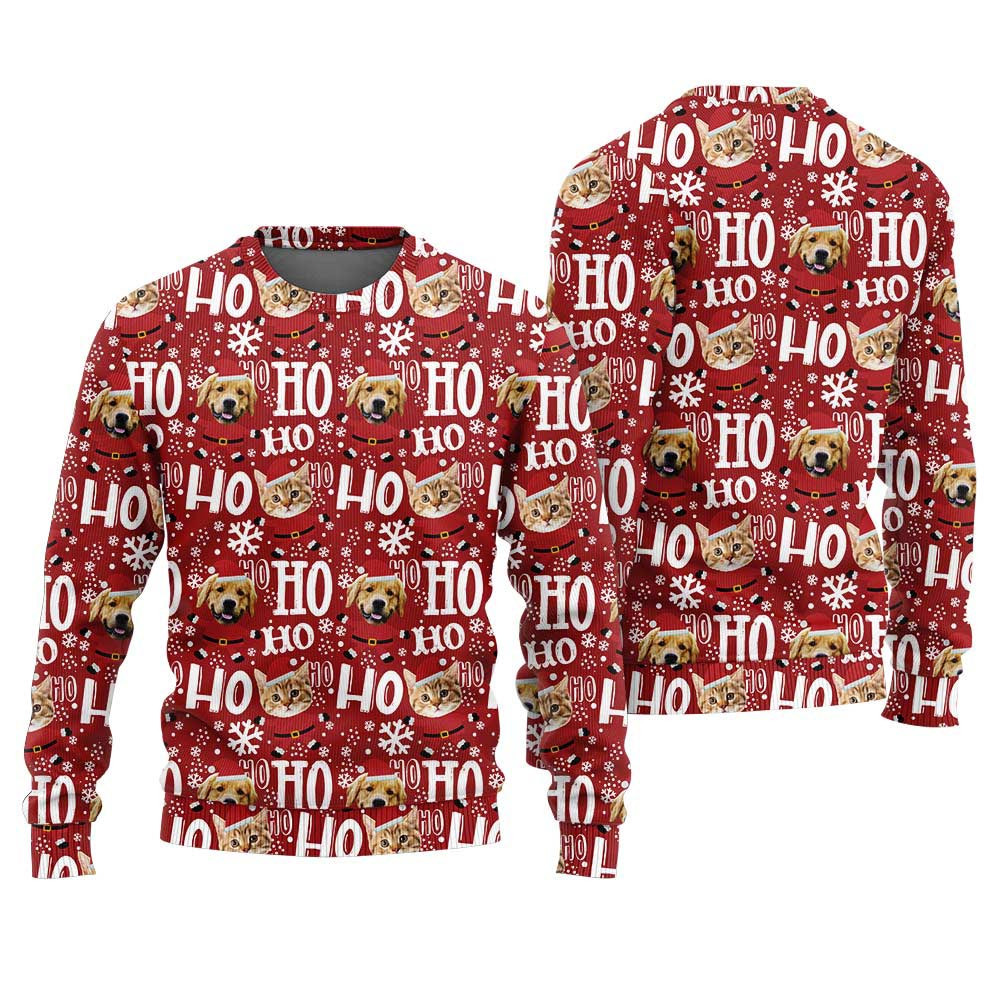 Custom Dog And Cat Ho Ho Ho Santa Ugly Sweater Cardinal Red Ugly Xmas Sweaters For Couples