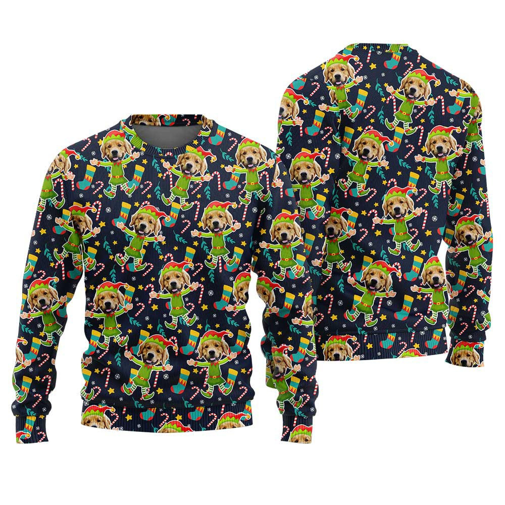 Custom Dog Elf Christmas Sweater Navy Ugly Christmas Sweater For Men