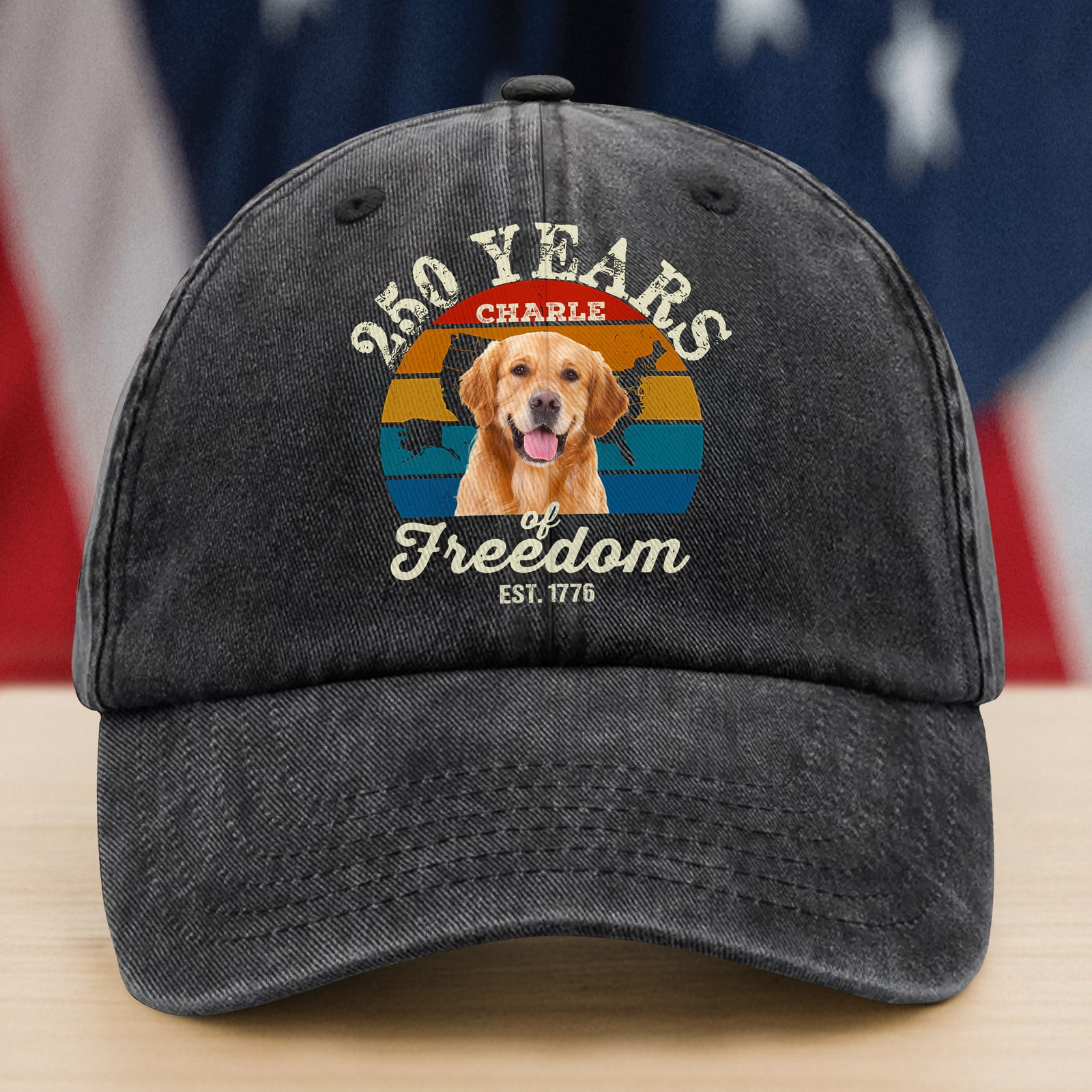 Custom Dog Photo 250 Years Of Freedom Est. 1776 Washed Denim Baseball Cap America 250 Merchandise Patriotic Presents