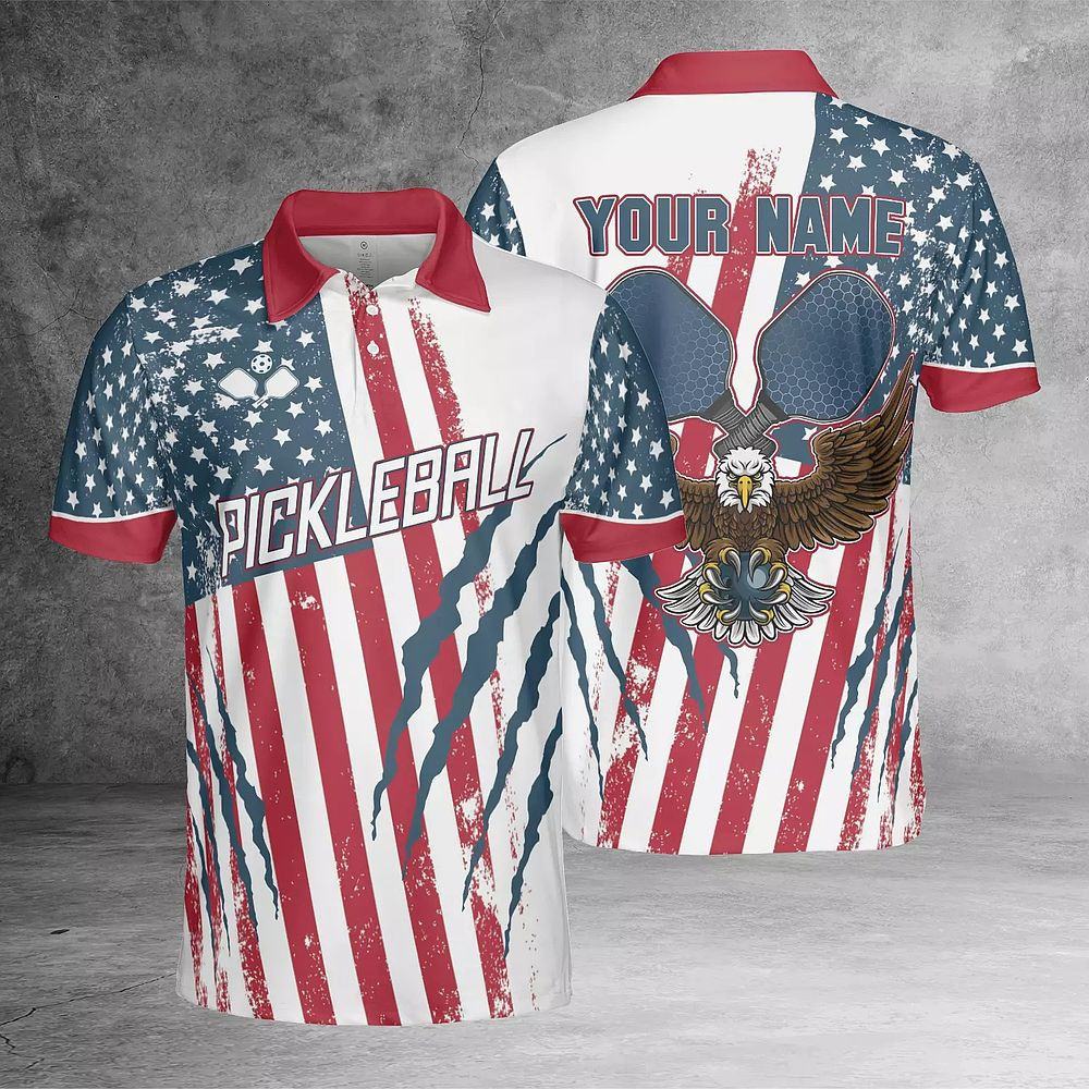 Custom Eagle Scratches American Flag Pickleball 3D Polo Shirt Patriotic Gifts For Players