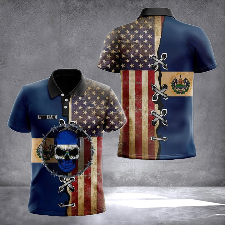 Custom El Salvador And American Flag Polo Shirt El Salvador Flag Skull Patriotic Clothing