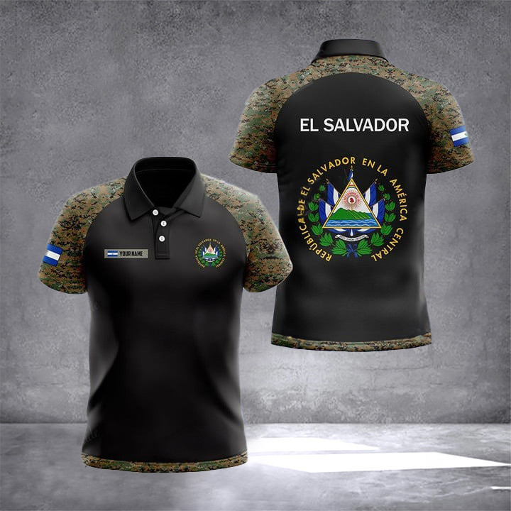 Custom El Salvador Coat Of Arms Camo Polo Shirt Patriotic El Salvadoran Clothing Men