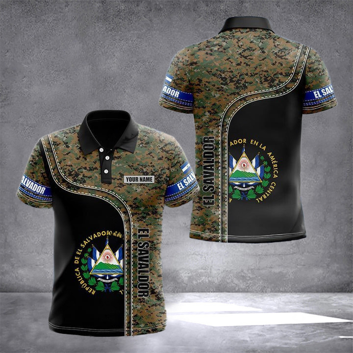Custom El Salvador Coat Of Arms Camo Polo Shirt Patriotic Salvadoran Clothing Gift Ideas