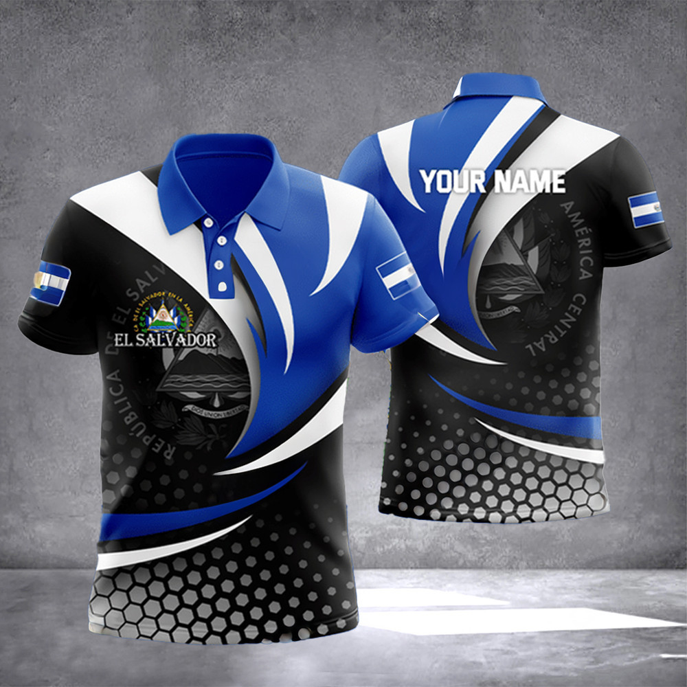 Custom El Salvador Coat Of Arms Wave Pattern Polo Shirt El Salvador Outfits Salvadoran Clothing