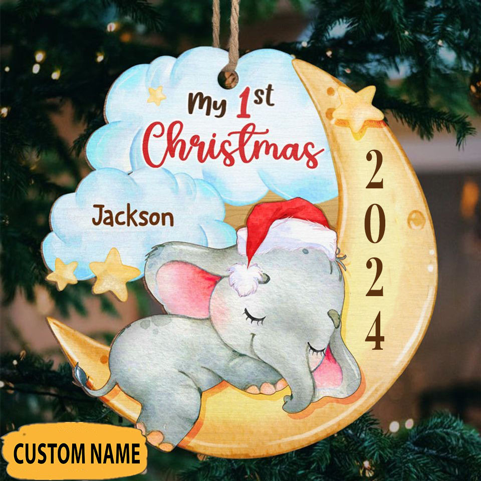 Custom Elephant Sleeping On Moon My First Christmas 2024 Ornament Shape 1st Christmas Ornament