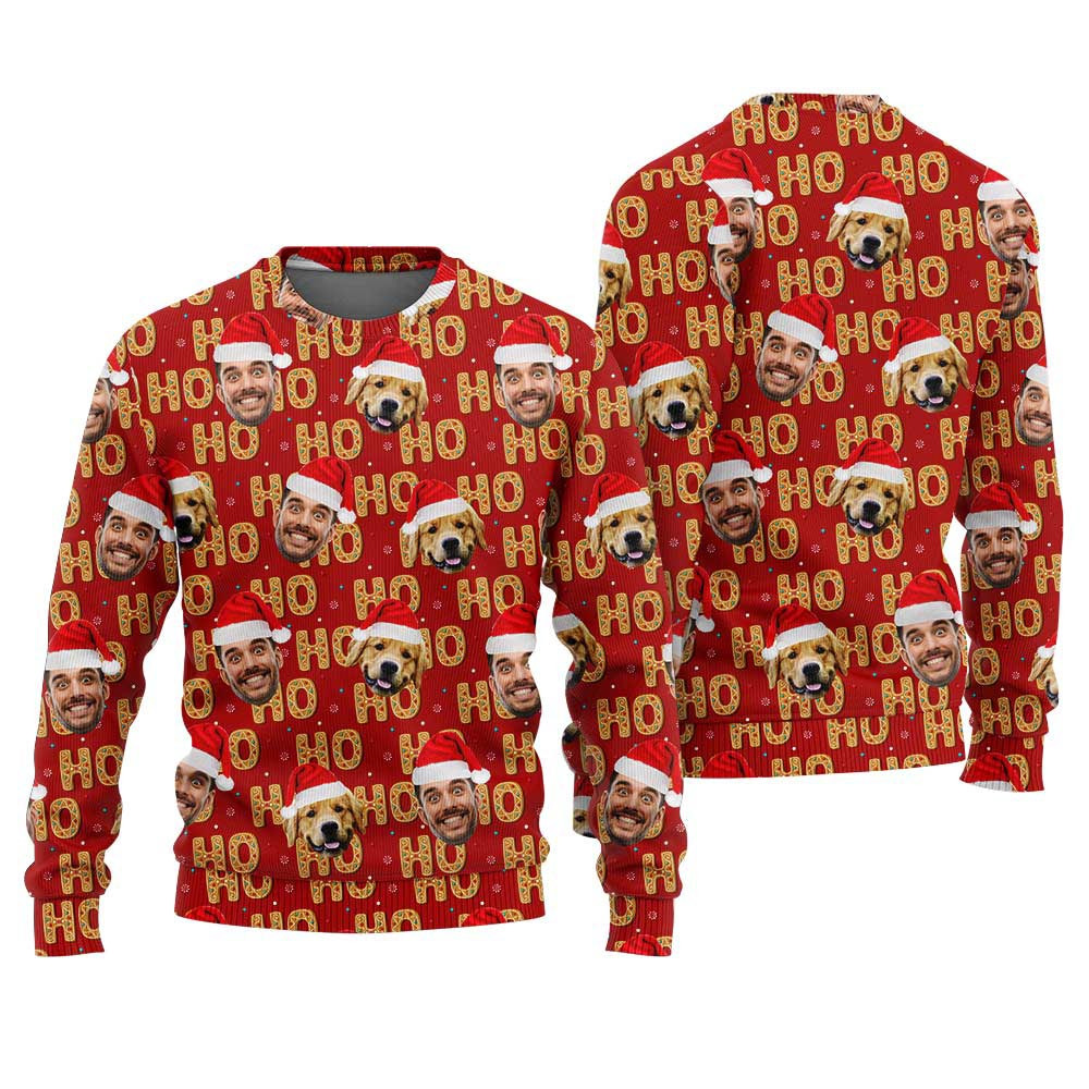 Custom Face And Dog Ugly Sweater Cardinal Red Christmas Sweaters For Men