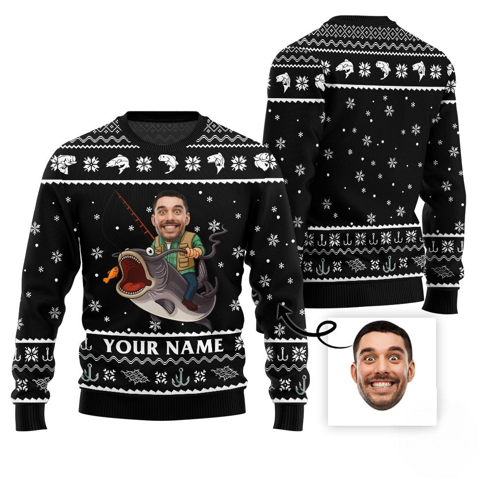 Custom Face And Name Fishing Christmas Sweater Men Christmas Gifts For Dad