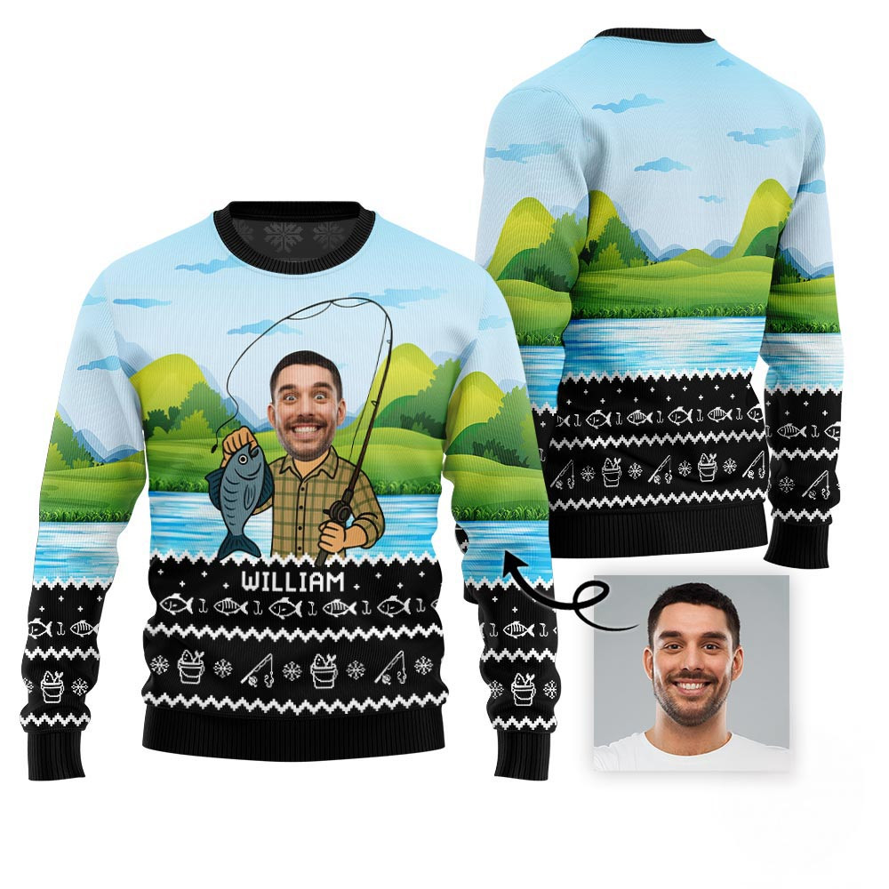 Custom Face And Name Fishing Ugly Sweater Funny Ugly Christmas Sweater
