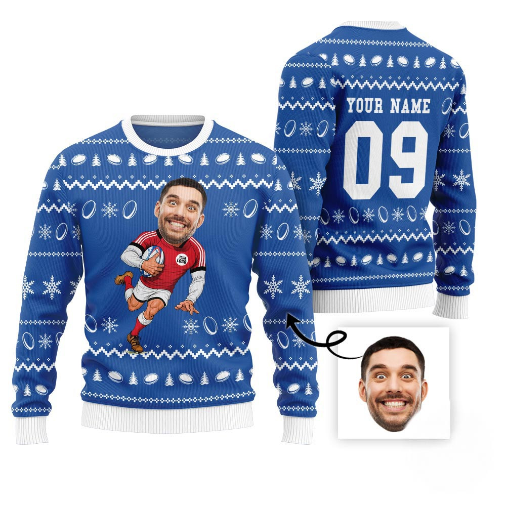 Custom Face And Name Rugby Christmas Sweater With Preview Funny Christmas Sweaters For Women