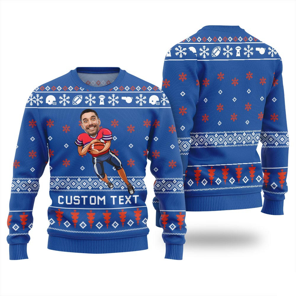 Custom Face And Text Football Ugly Christmas Sweater For Team Holiday Sweaters For Men