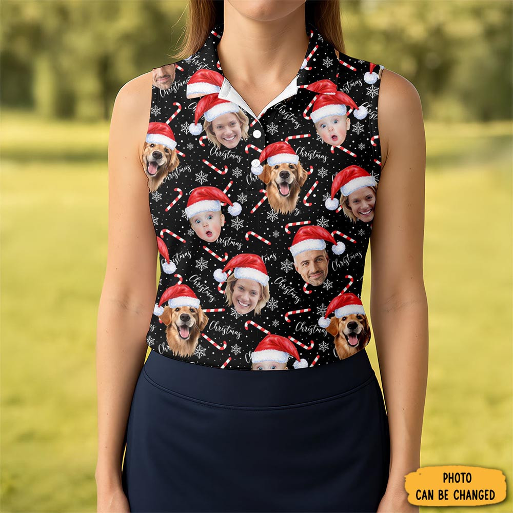 Custom Face Candy Cane Christmas Black Golf Shirt Christmas Golf Shirt Ladies Golf Tops Golf Gifts For Women