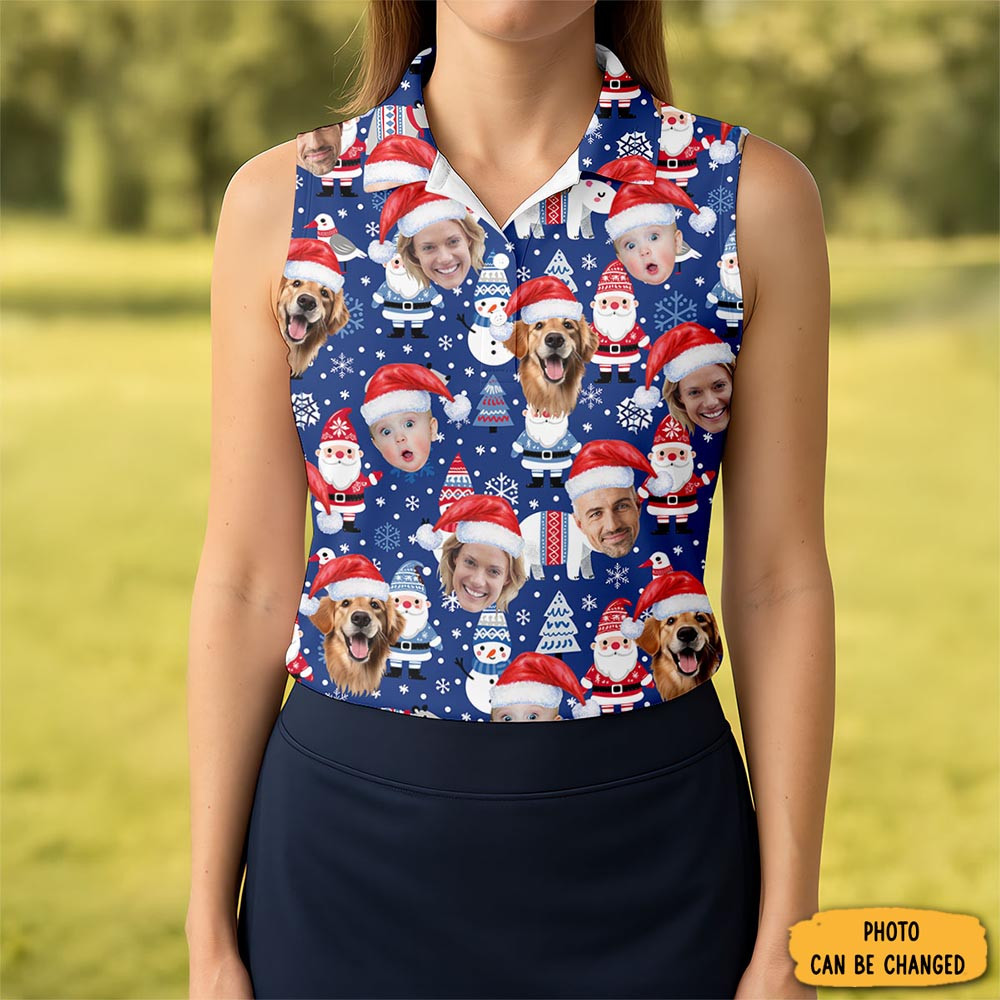 Custom Face Christmas Gnome Pattern Blue Golf Shirt Christmas Golf Shirt Women S Golf Tops Ladies Golf Polos