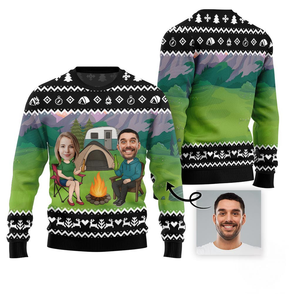 Custom Face Couple Camping Holiday Sweater Christmas Gifts For Her