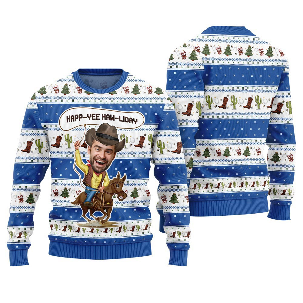 Custom Face Cowboy Ugly Christmas Sweater Happ Yee Haw Liday Xmas Sweaters For Women