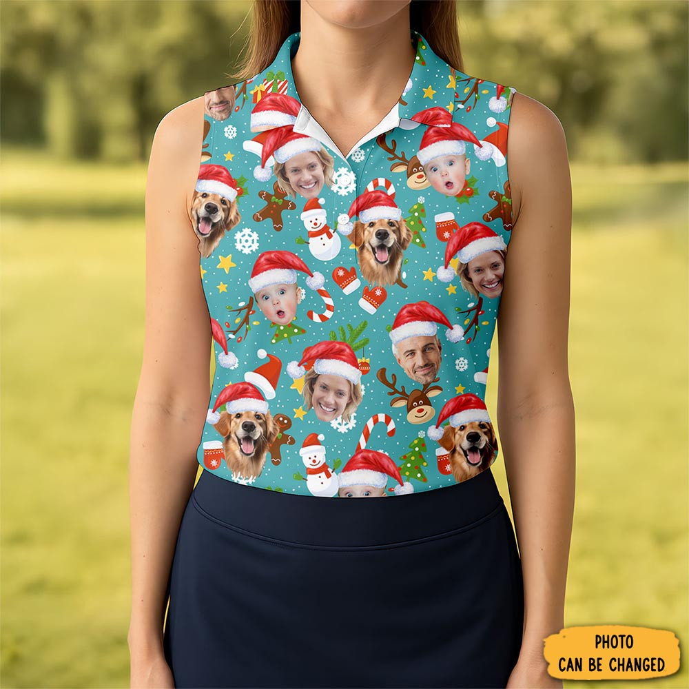 Custom Face Cute Christmas Pattern Teal Golf Shirt Christmas Golf Shirt Golf Gifts For Women