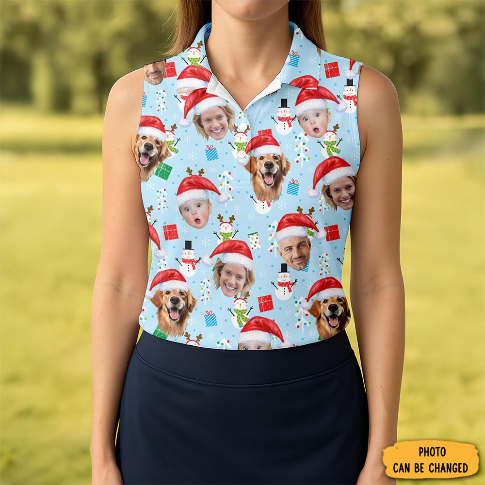 Custom Face Cute Snowman Pastel Blue Christmas Golf Shirt Women S Golf Tops Ladies Golf Shirts