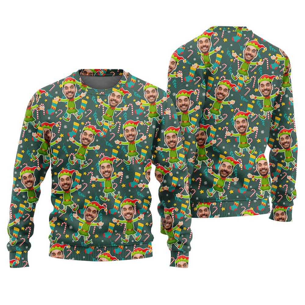 Custom Face Elf Ugly Sweater Green Xmas Sweaters For Family