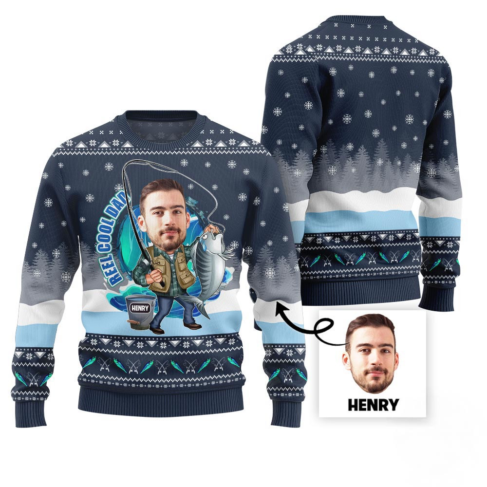 Custom Face Fishing Christmas Sweater With Your Name Funny Ugly Christmas Sweater