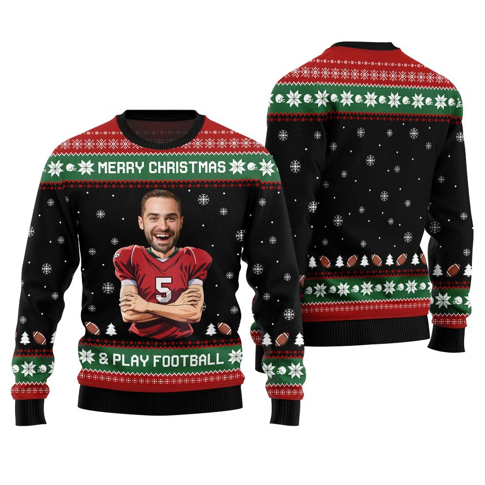 Custom Face Football Player Funny Christmas Sweater For Men Funny Ugly Christmas Sweater