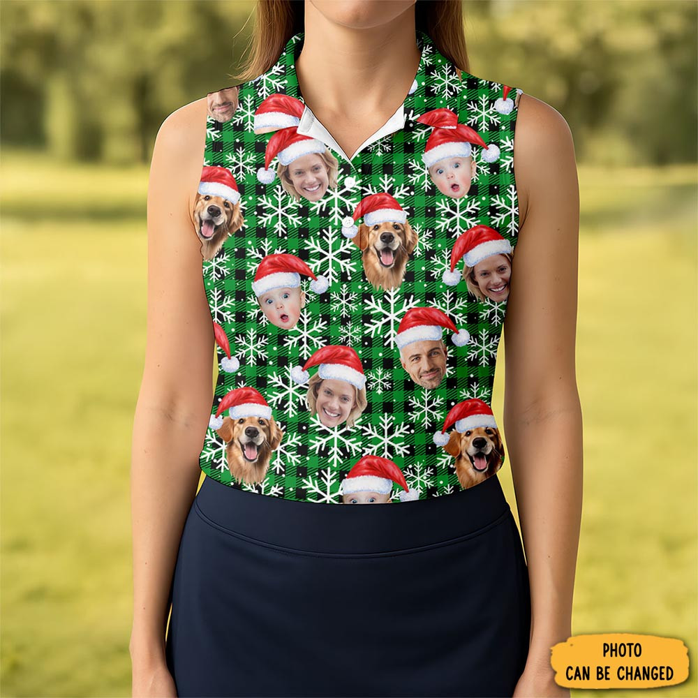 Custom Face Green And Black Checkered Christmas Golf Shirt Ladies Golf Shirts Golf Gifts For Women