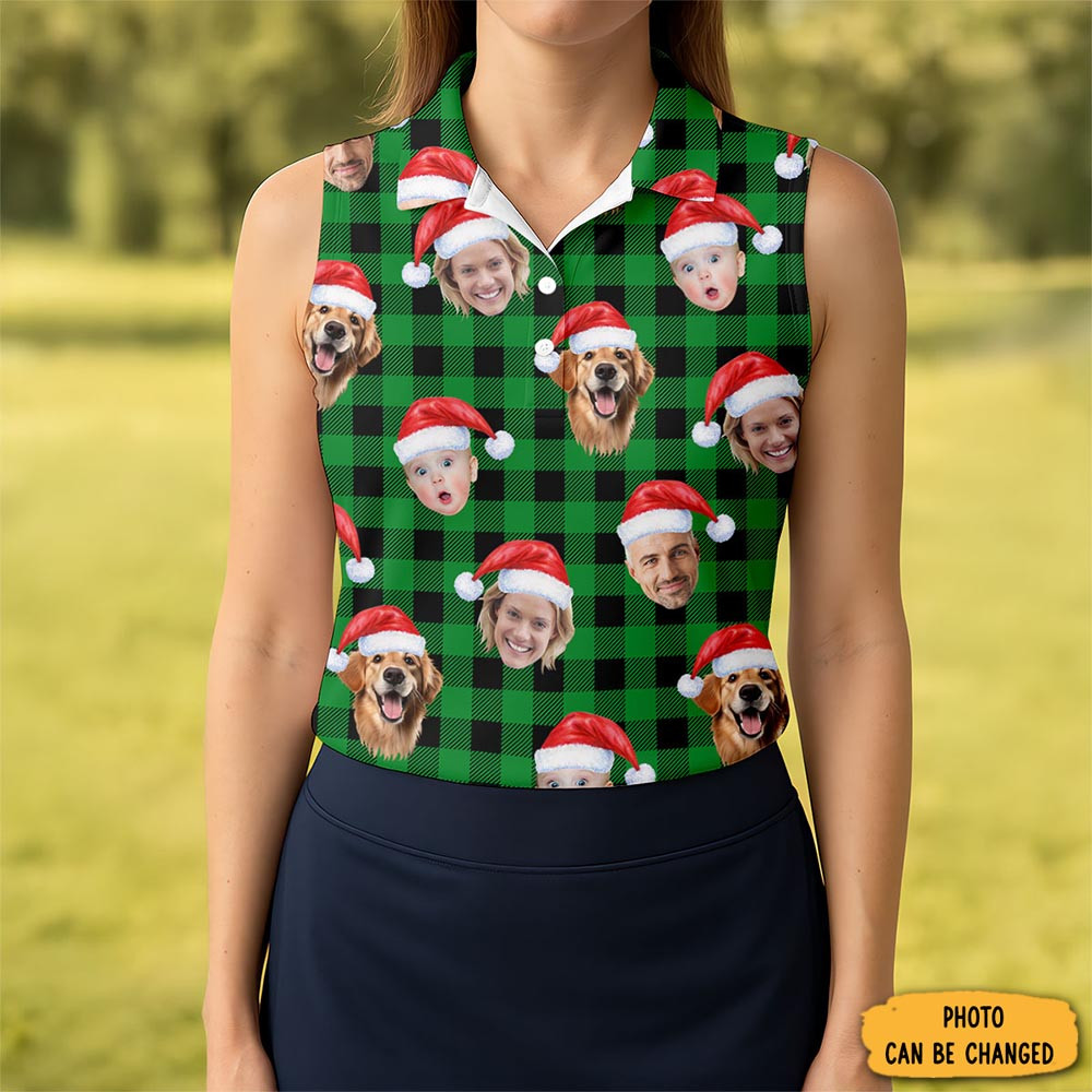 Custom Face Green Buffalo Plaid Christmas Golf Shirt Ladies Golf Tops Golf Gifts For Women