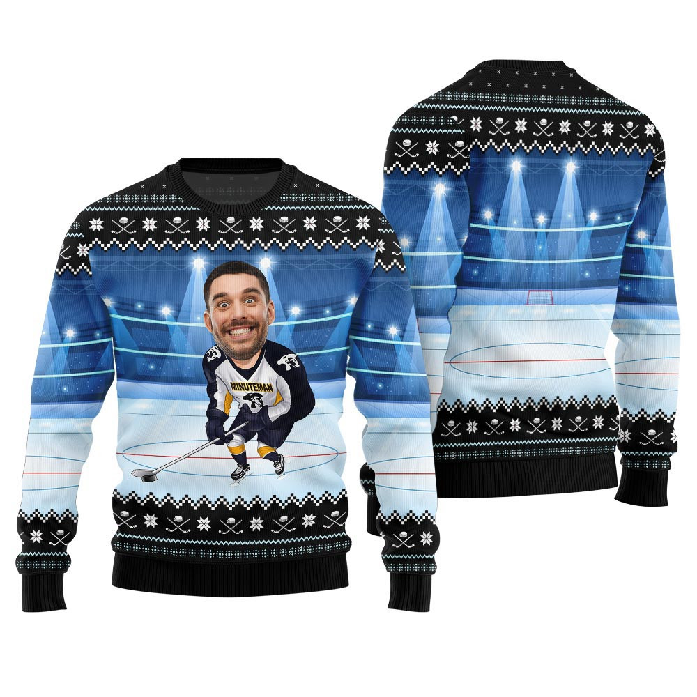 Custom Face Hockey Player Funny Ugly Christmas Sweater Men