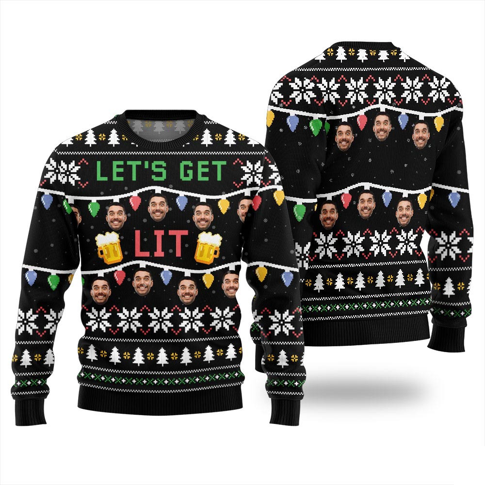 Custom Face Let Get Lit Funny Beer Ugly Christmas Sweater Xmas Sweaters For Family