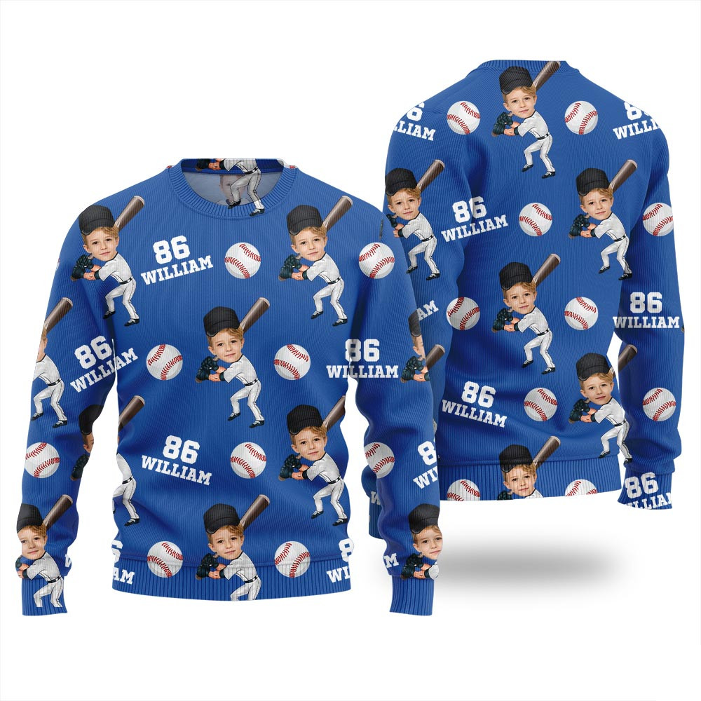 Custom Face Name And Number Baseball Xmas Sweater Family Gifts For Christmas